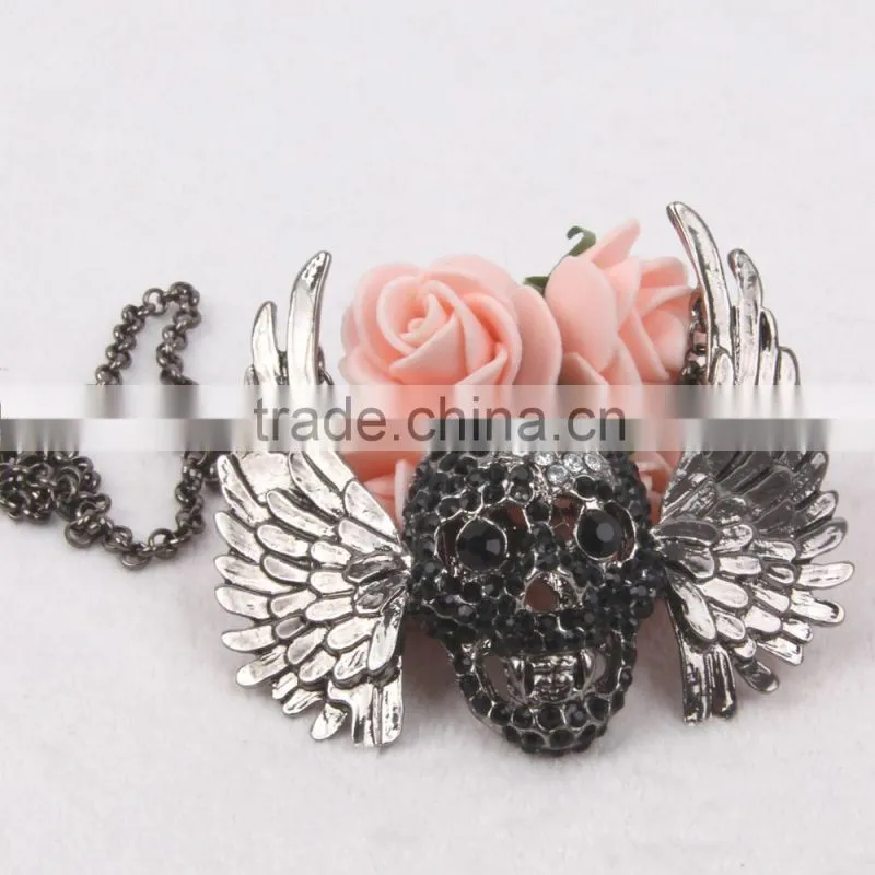 hiphop jewelry halloween necklace punk skull pendant with wings sweater chain black chrome plated 2015 new made in China yiwu