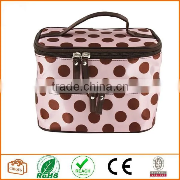 Double Layer Cosmetic Bag Pink with Coffee Dot Travel Toiletry Cosmetic Makeup Bag Organizer With Mirror