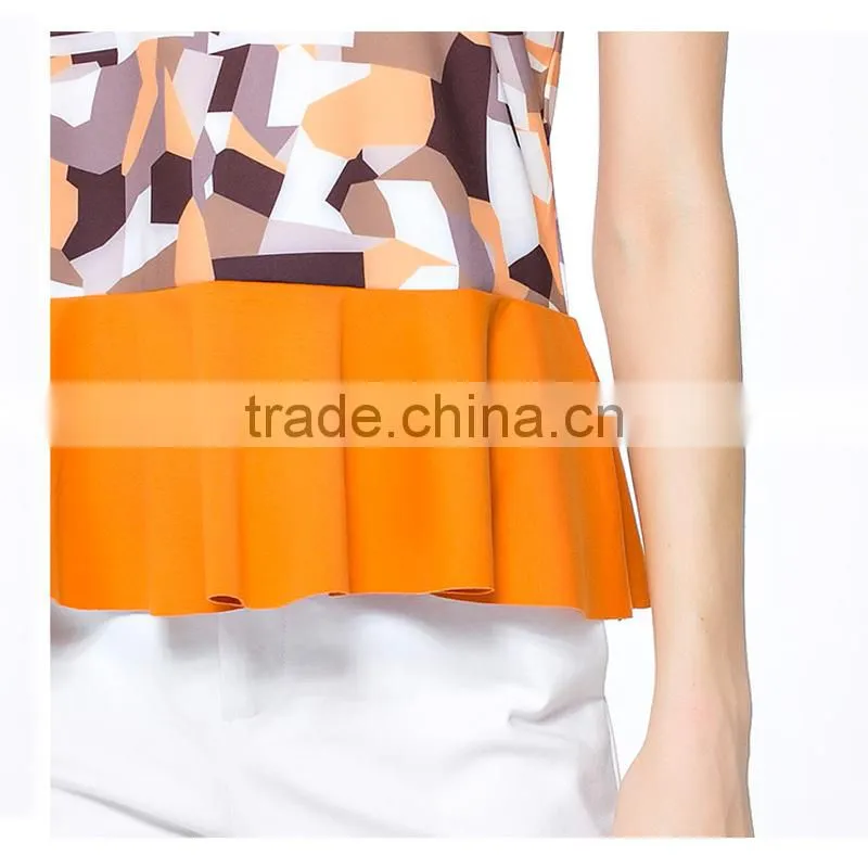 Promotional Top Quality knitted wear popular printed ruffle hem model women's simple blouse with sleevless