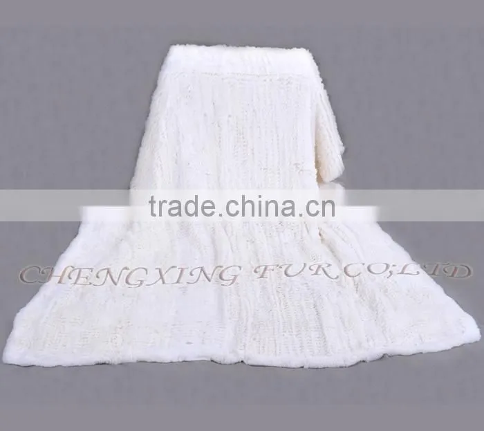 CX-D-95 European Fashion White Knitted Real Rex Rabbit Fur Blanket Area Rug For Living Room