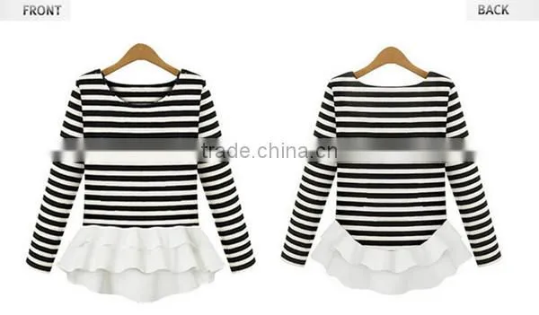 Autumn latest design round neck ivory long sleeve chiffon stitching knitting striped printing t shirt design