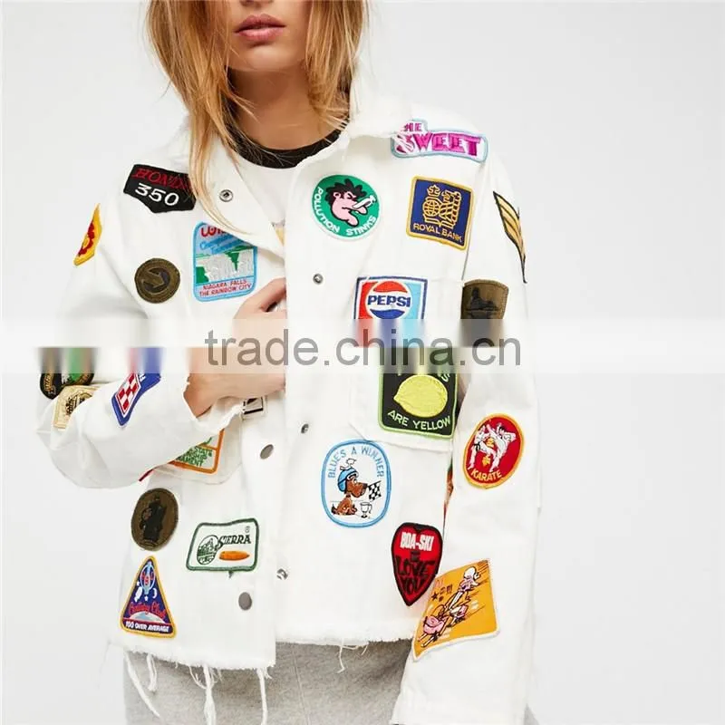 New trendy girl gang hand-sewn vintage patches cotton bomber jacket