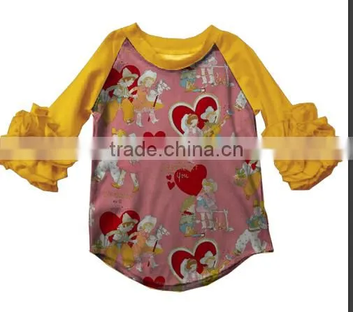 boyi latest designs fashion 3/4 sleeve cotton ruffle raglan top baby girls shirt fmily raglan shirt