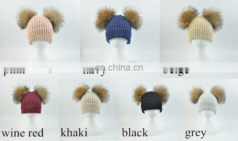Kids Removable Fur Bobble Hat Winter Double Pom Pom Hat Crochet Kids Hat