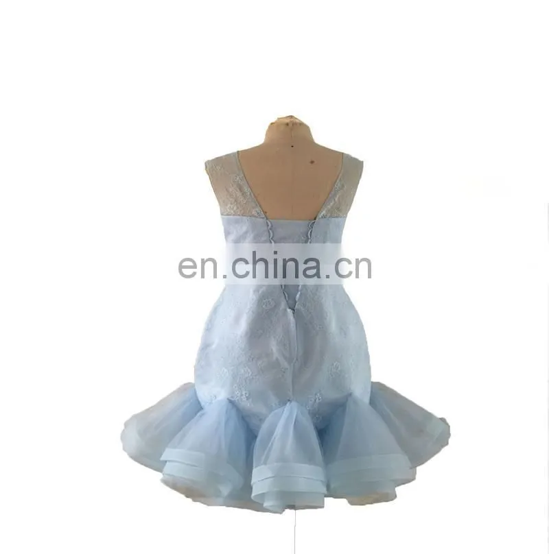 New Arrival Sexy Youthful Sleeveless Jewel Mini Backless Lace-up Ruffle Lace Zipper Sheath Women Prom Dress