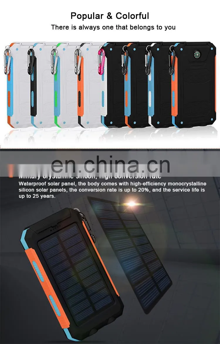 Amazon Hot Selling 8000mah, 10000mah external solar power bank waterproof battery charger portable charge