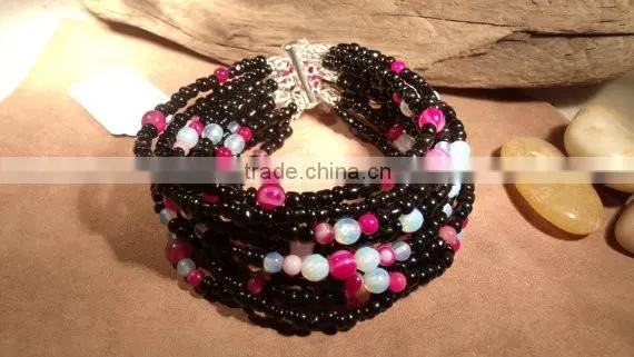 Black Glass Beads Moonstone and Pink Stripped Agate Bracelet