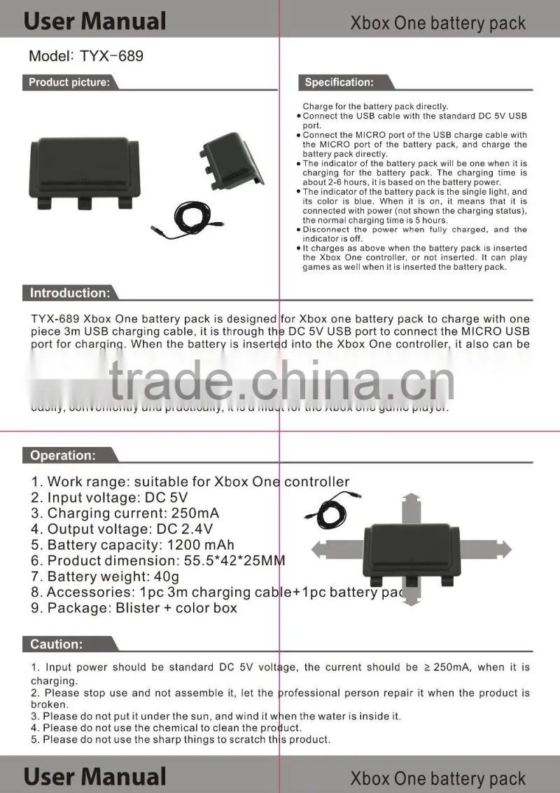 For xbox one rechargeable lithium battery with cable