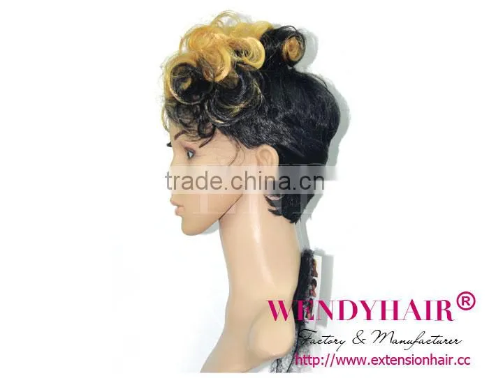 black hair with yellow highlights short kinky curly synthetic wig