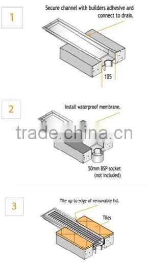 A Series Tiled On Flange Sloped Channel Base Linear Stainless Steel Shower Drain With Vertical Structural Siphon