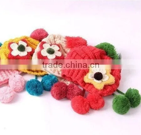 Custom Acrylic Children Knitted Winter Beanie with Flower Pattern/Wholesale Child Beanie Hat