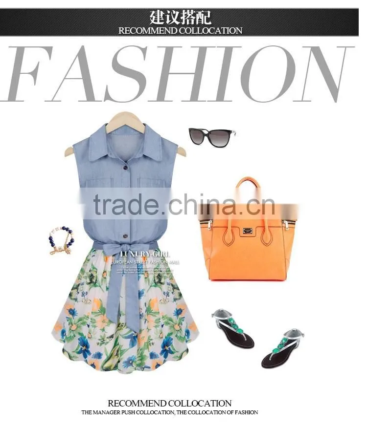 2015 New arrival European Style Women Dress Summer New Design Denim Printing floral Chiffon Dress