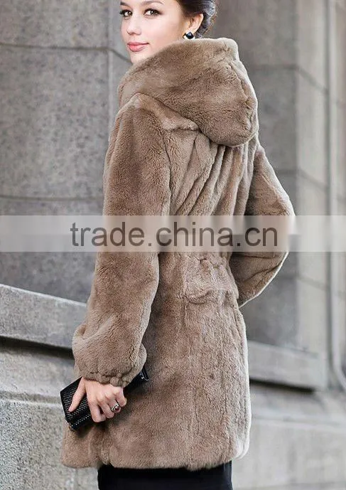 fashionable rex rabbit fur coat with silver fox fur collar