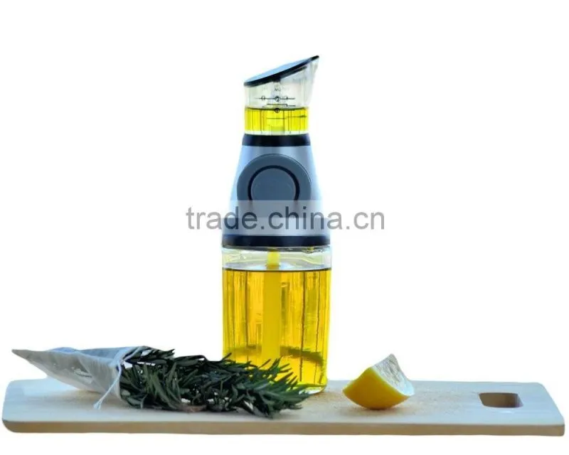 Press and Measure Olive Oil Glass Bottle- Salad Dressing Dispenser Infuser - Vinegar Pourer