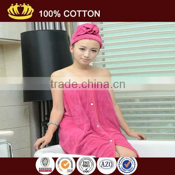 Microfiber plain dyed pink color woman bathrobe with bath cap