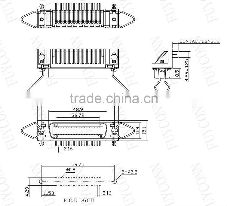 57 Series Female Centronics 90 degree Connector for PCB with Board Lock and Bail Clip