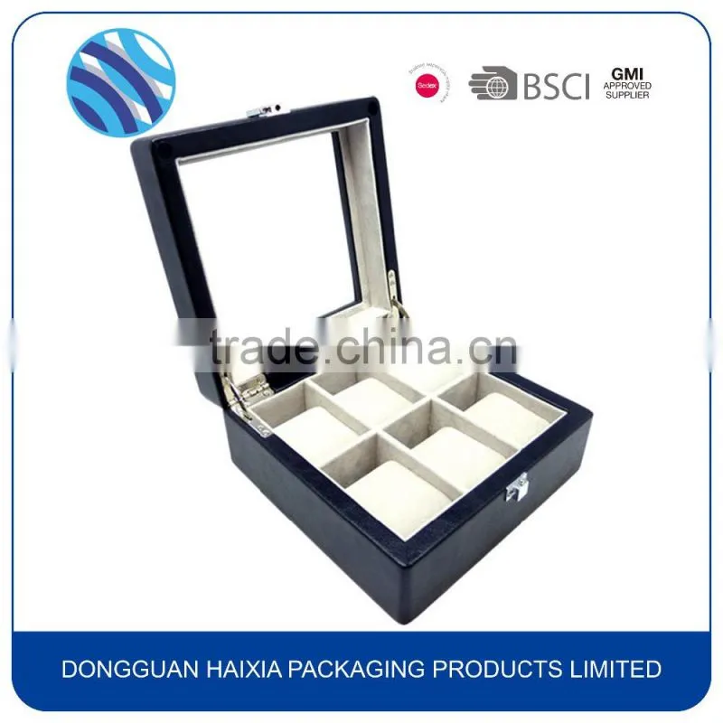 Black leather exterior and gray velvet interior watch storage box for up to 6 watches
