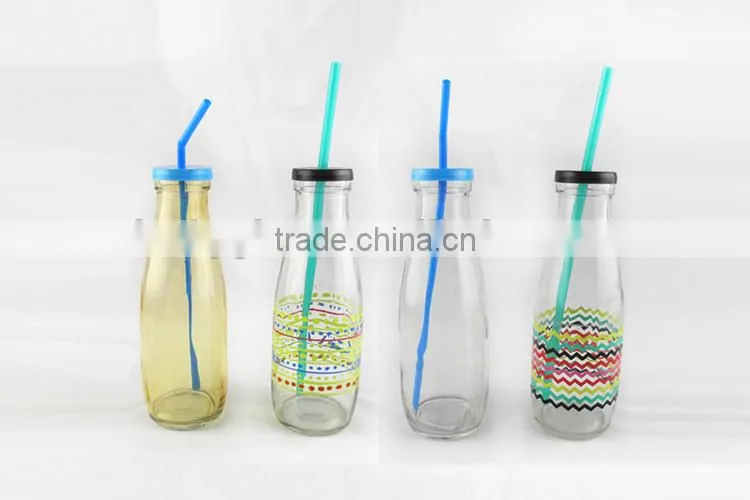 500ml glass milk bottle with colored cork caps and plastic straw