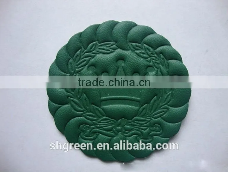 Green laser cut hot press embossed logo leather patch