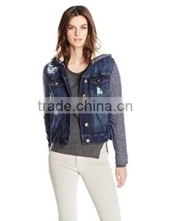 Jeans Women's Oversized Denim Jacket with Combo Knit and Sherpa