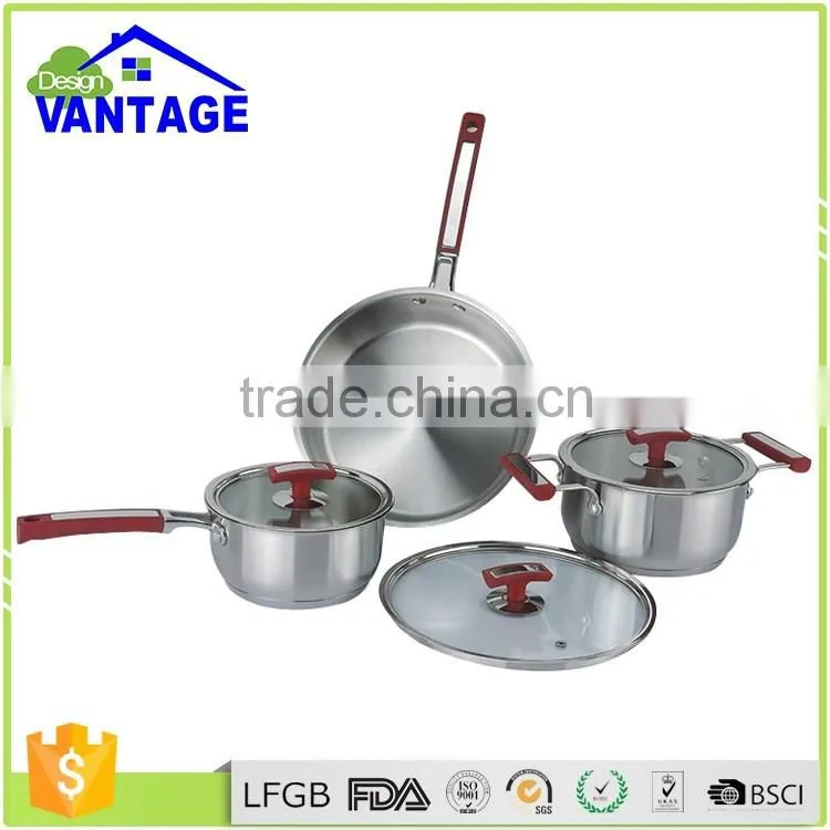 Vantage design 6pcs stainless steel kitchen queen cookware set with silicon handle including saucepan casserole frypan