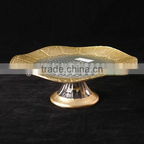 antique colorful glass cake plate with lacy rim