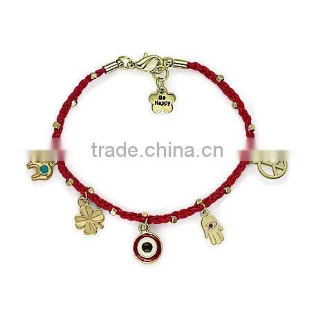 gold evil eye fatima hand peace sign four leaf clover elephant charms bracelet wax cord handwoven friendship bracelet luck charm