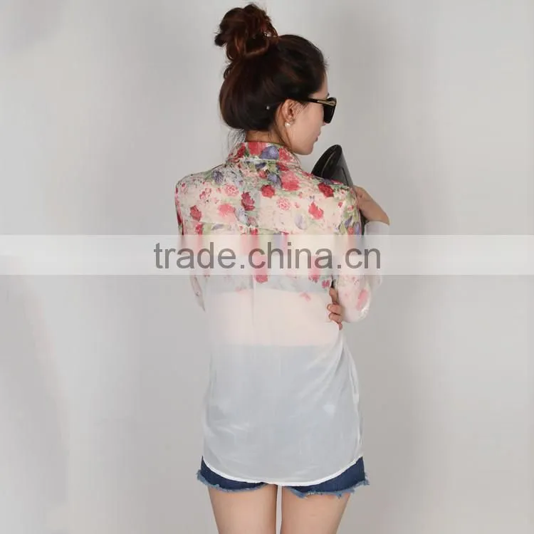 2015 New Fashion Women Chiffon Blouses Women Flower Print Lapel Casual Chiffon Long Sleeved Shirts Women Tops