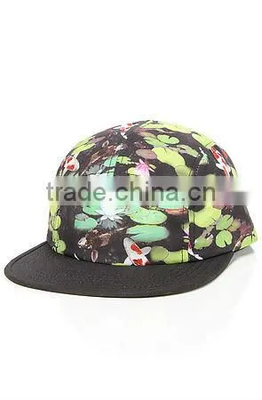 Floral flat brim custom blank adjustable 5 panel flat cap