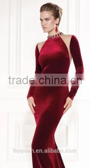 Wine Mermaid Long Sleeve Velvet Evening Dresses Bridesmaid Dress