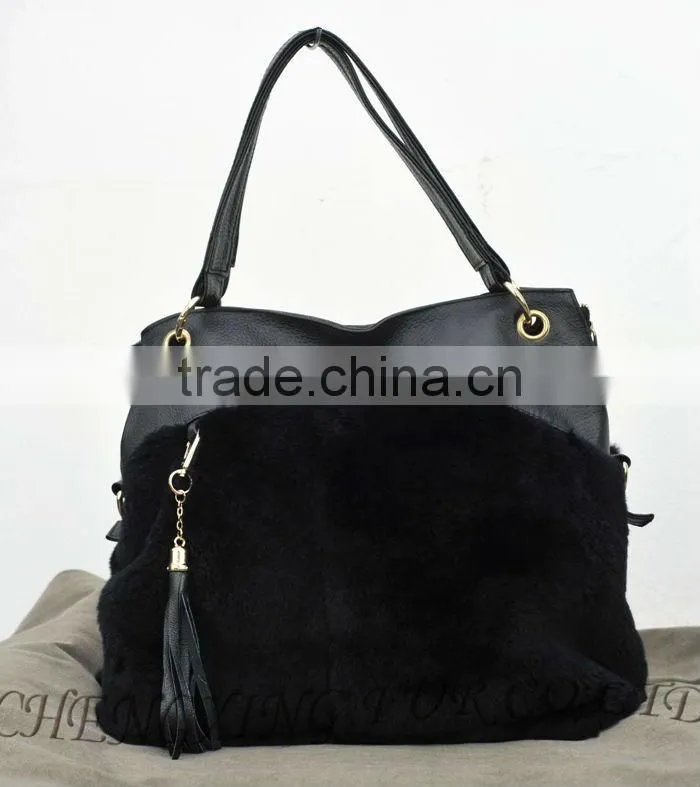 CX-H-50 Genuine Rex Rabbit Fur Women's Handbags With Leather Belt
