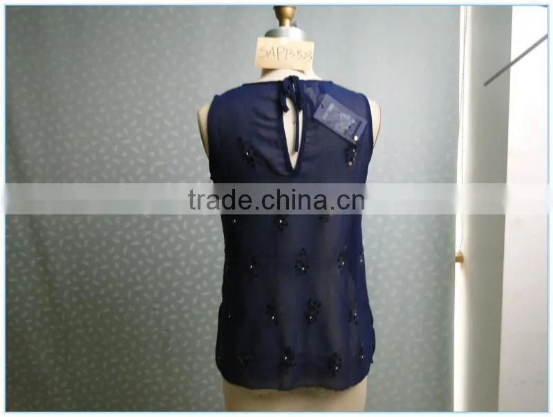 Round Neck Navy Chiffon Summer Loose Tank Top