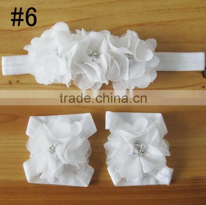 Hot 2014 fashion popular children's hand stitching Chiffon Rhinestone Flower Hair Band foot flower set and baby wrist flower