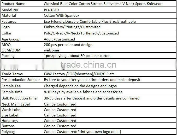 Classical Blue Color Cotton Stretch Sleeveless V Neck Sports Knitwear
