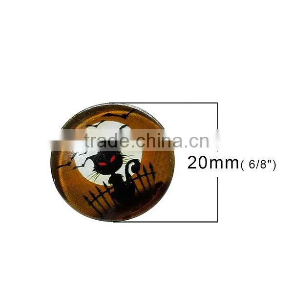 Glass Dome Seals Cabochons Round Flatback Black & Orange Cat Moon Bat Pattern Transparent 20mm Dia