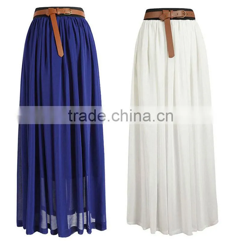hot selling pleated white chiffon long skirt women