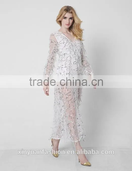New long sleeves deep V sexy dress net yarn tassel sequins pictures of long skirts ladies formal skirt and blouse