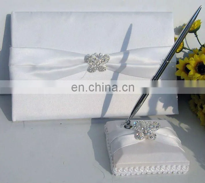 Pretty butterfly design with Rhinestone decoration white satin wedding guest book