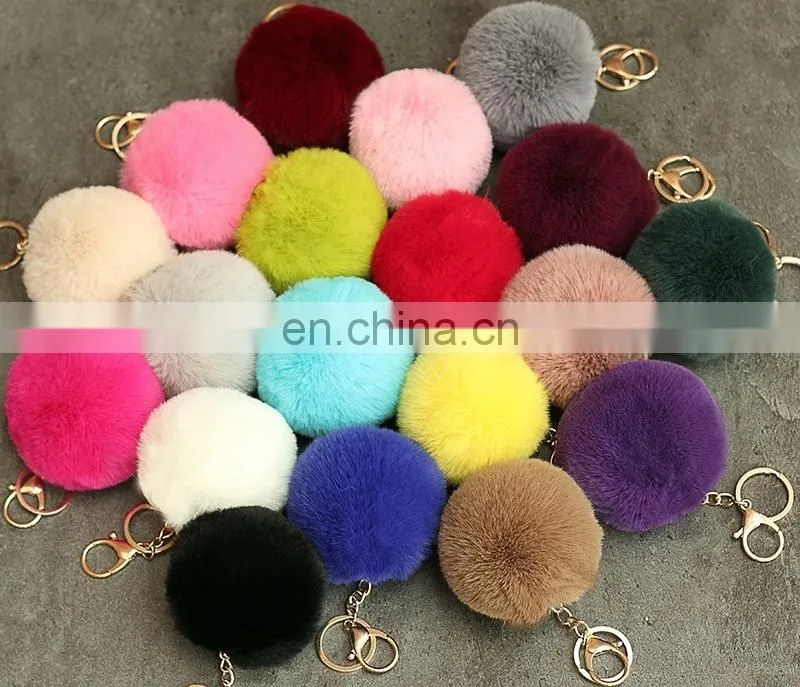 Popular handmade artificial fur pompon keychain much color fluffy ball bag hang promotion gift