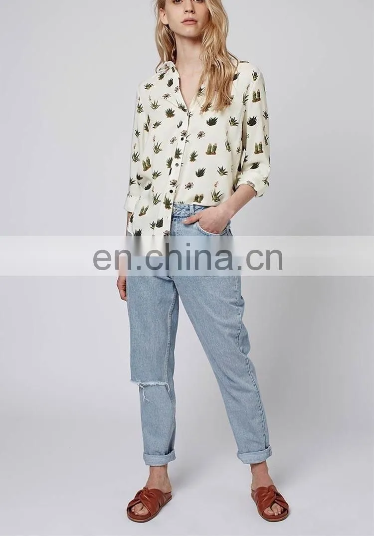 Latest fashion blouse design long sleeve printed cactus women model simple design blouse