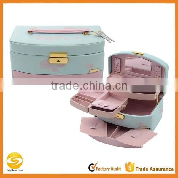 high quality leather mirror jewelry box ,blue mix pink designer jewelry travel carry box, leather hard shell jewelry storage box