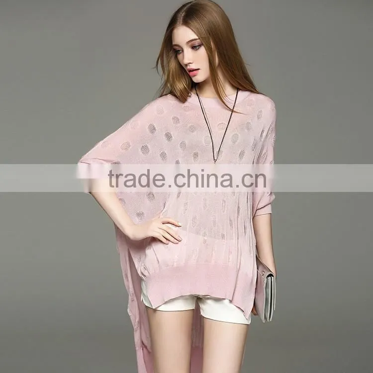 lastest fashion ladies Linen hollow batwing sleeve summer sweater with best price