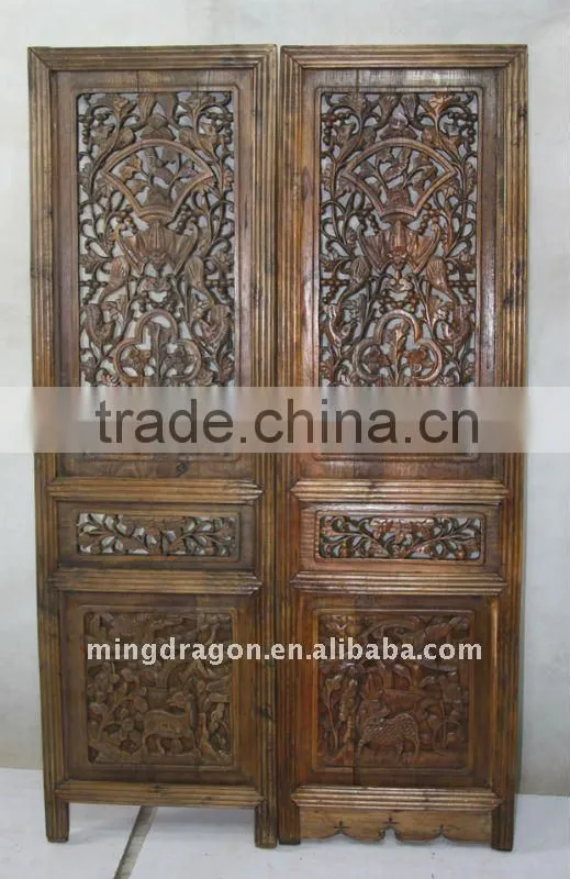 Antique Chinese Head Carved Wood Window Pane Blossom Panel Shutter