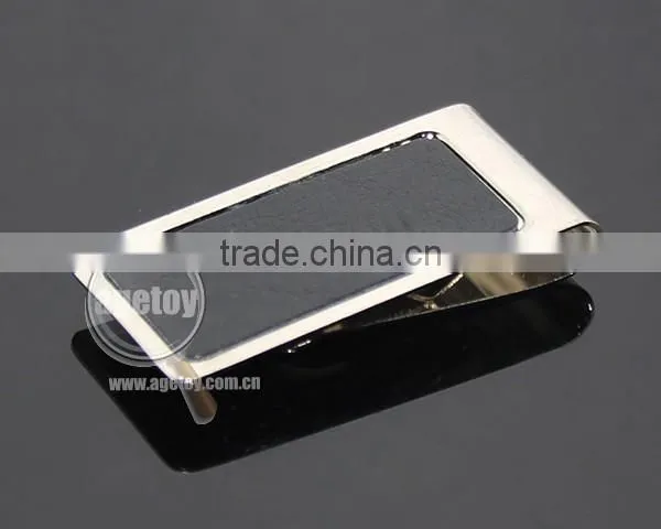 Men Style Fashion Stainless Steel Metal Black Genuine Leather Money Clip