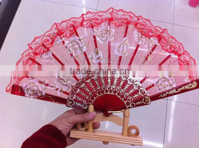 plastic fan with green dot ,glittler edge for advertising