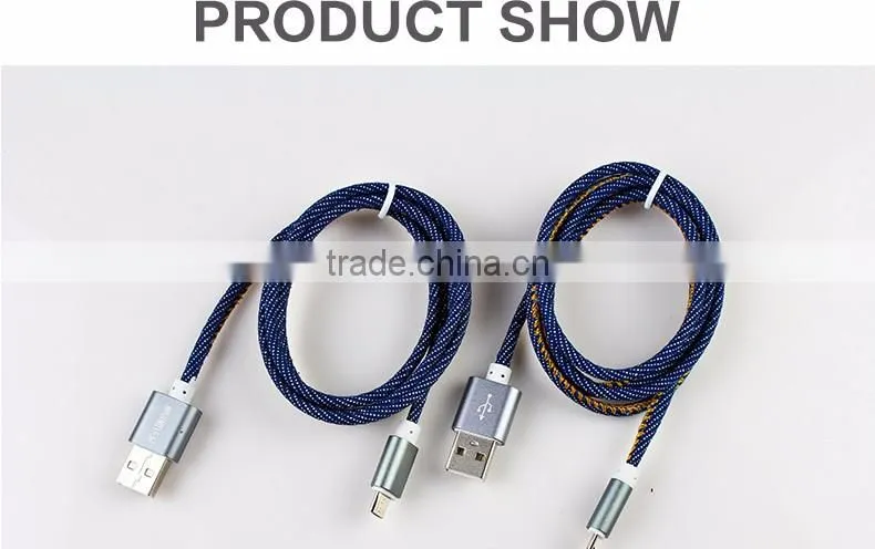 2016 Newest Denim Fabric Micro USB Cable Jean Metal Plug Data Charging cable for iPhone 6 6S Plus 5 5s Android Type C