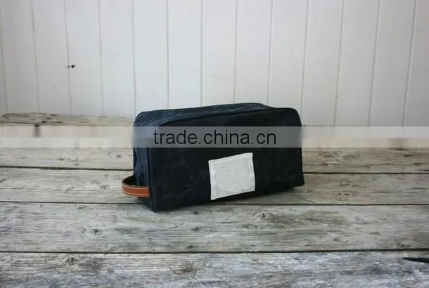 Custom khaki waxed canvas dopp kit with leather trim
