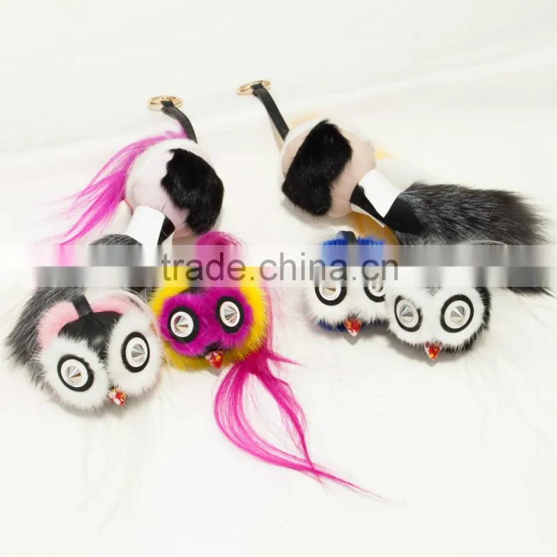 Hot selling owl leather keychain fur pompoms keychain