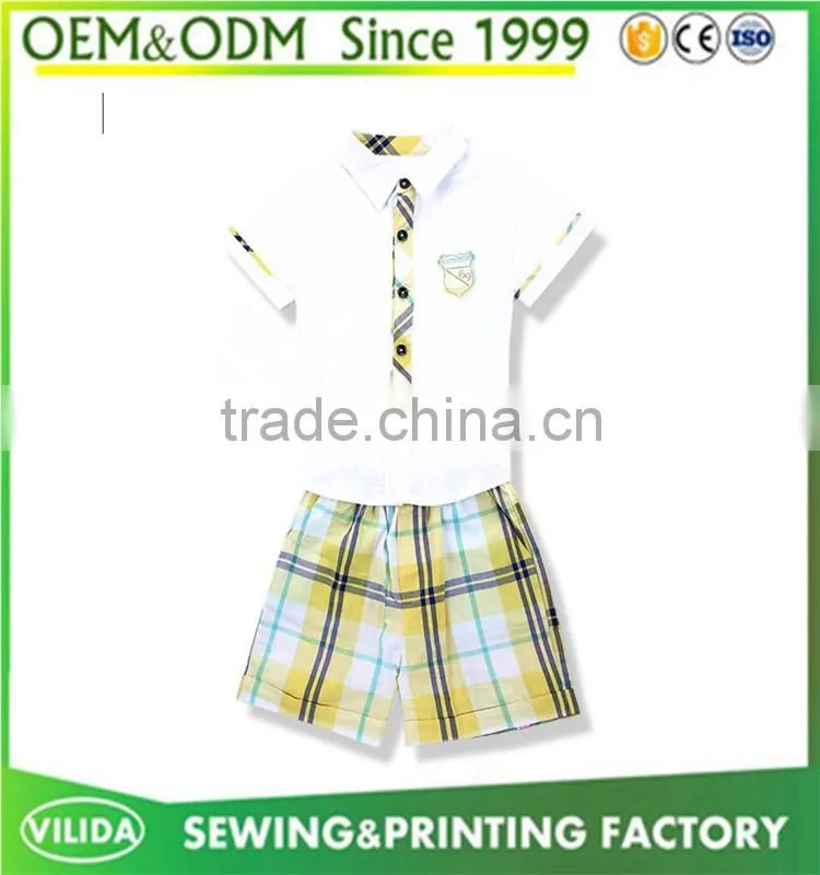 Hot selling kindergarten uniform new fashion primary school uniform white shirt and yellow checked shorts or skirt