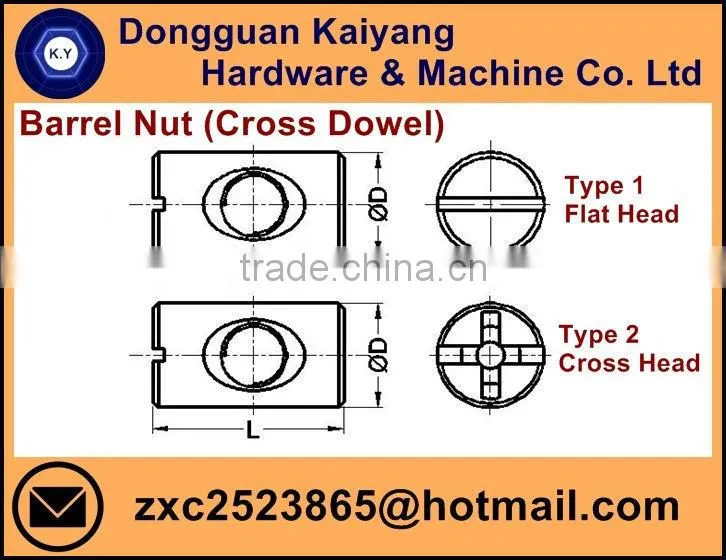 Barrel Nut (Cross Dowel); Bright (White) /Blue /Yellow Zinc Plated; M5, M6, M8,
